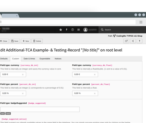 Währungs & Prozentfelder