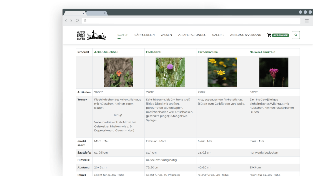 Product compare view Product compare view - Mutter Erde Saaten implemented by coding.ms
