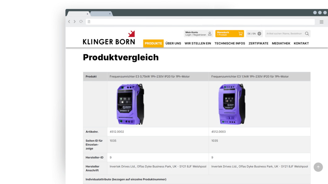 Product compare view Product compare view - Klinger & Born implemented by www.christophrunkel.de