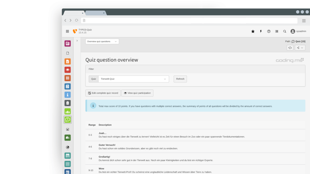 Quiz Fragen-Übersicht
