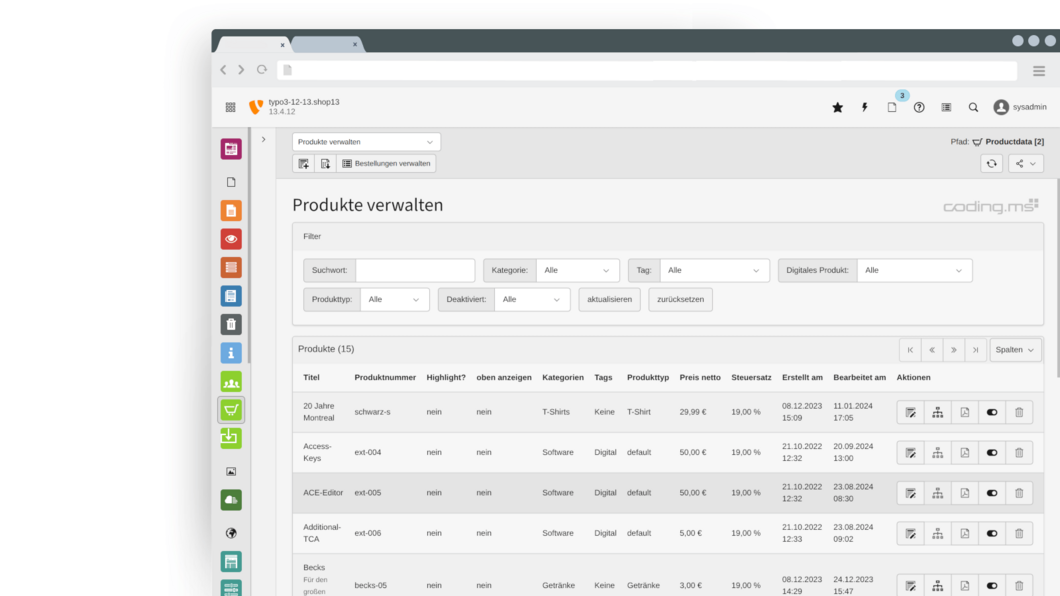 Product management TYPO3 Shop product overview