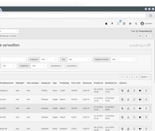 Product management TYPO3 Shop product overview